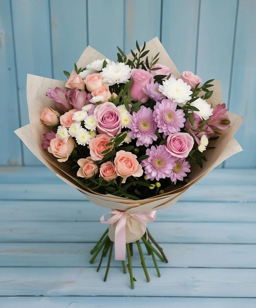 Букет цветов из: Хризантемы, Розы и Альстромерии в Смолино