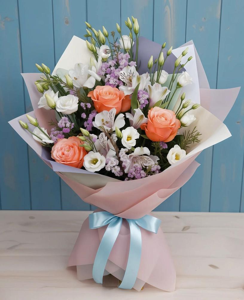 Букет цветов из: Лизиантусы, Розы, Альстромерии и Гипсофила в Смолино