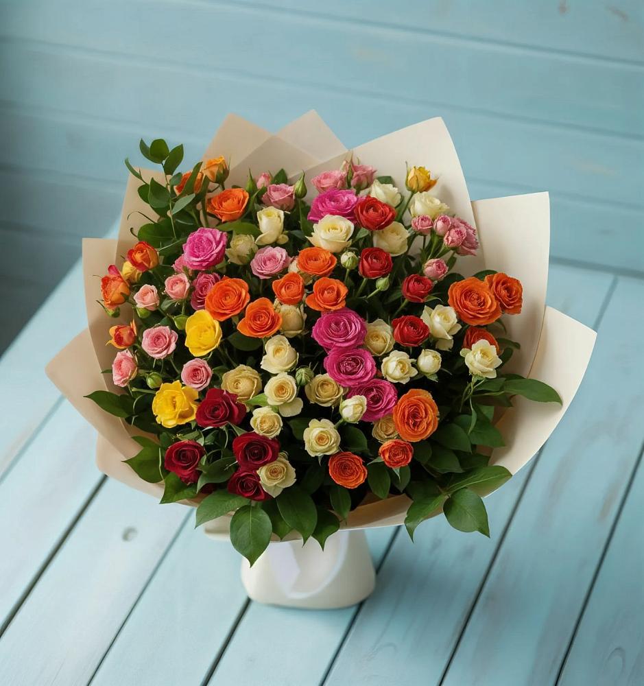 Букет Микс из разноцветных кустовых роз в Смолино