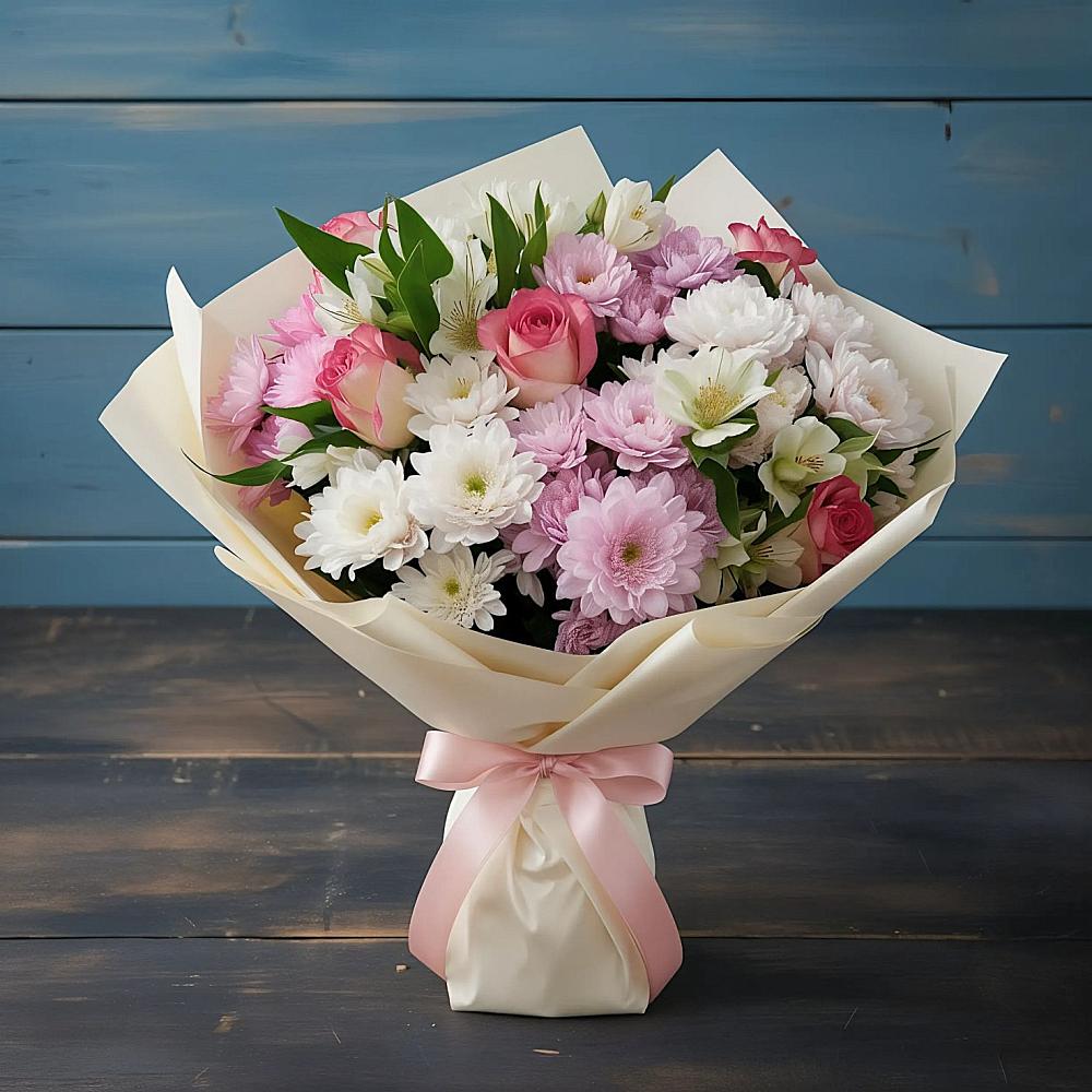 Букет цветов из: Хризантемы, Альстромерии и Розы в Смолино